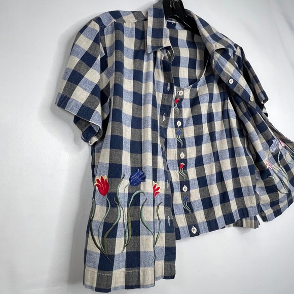 RARE Vintage 2-in-1 Blue Gingham Embroidered Shirt & Vest Women M Tulips Twofer - Picture 7 of 15